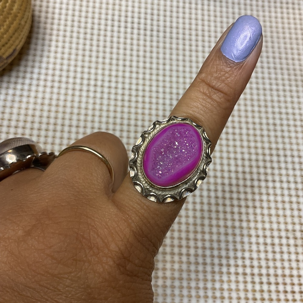 Pink Druzy 925 Silver Ring